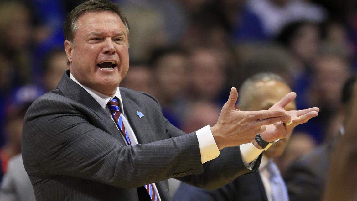 Kansas head coach Bill Self complains to an official during the first half of an NCAA college basketball game against Texas Tech in Lawrence, Kan., Saturday, Feb. 1, 2020. (AP Photo/Orlin Wagner)
