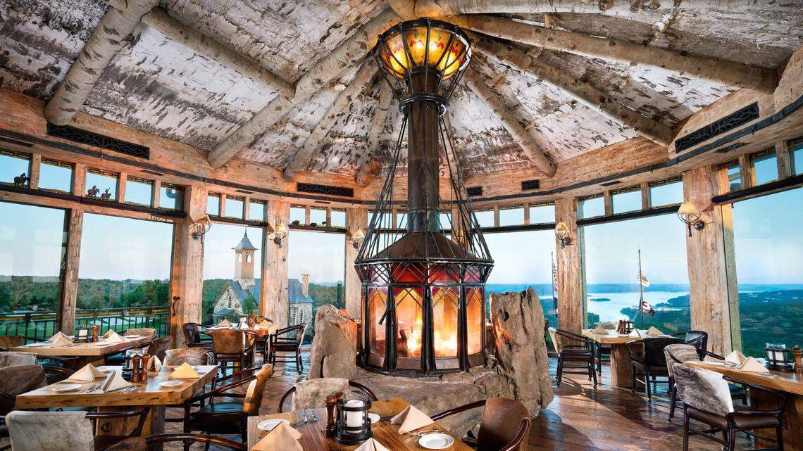 The Osage Restaurant at Top of the Rock near Big Cedar Lodge boasts views of Table Rock Lake and the Ozark Mountains.