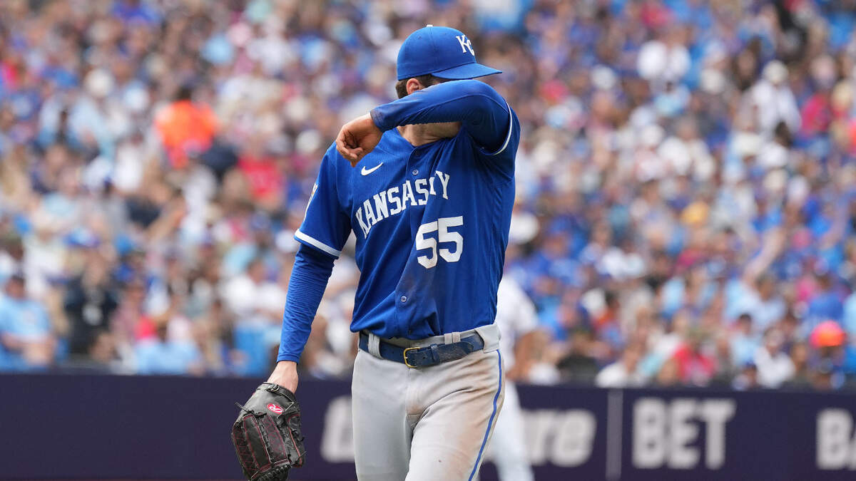 Royals starting pitcher Cole Ragans walks towards the dugout after being relieved against the Toronto Blue Jays during the sixth inning of Sunday’s game at Rogers Centre.