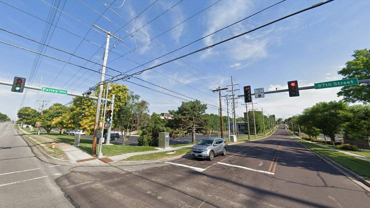 A 75-year-old pedestrian was struck by a vehicle late Wednesday, April 27, 2022, near West 87th and Farley streets in Overland Park. A Google Maps street view image from June 2021 shows the general area.