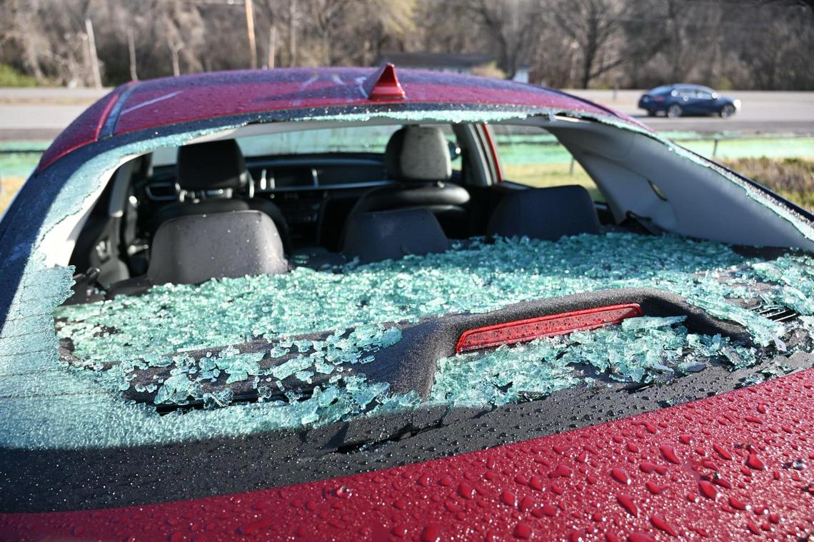 Residents and business owners in some parts of the Kansas City metro were waking up Thursday morning, March 14, 2024, to see the damage large hail left from storms that moved through the area on Wednesday night. The rear window of this car in Edwardsville was shattered by large hail.