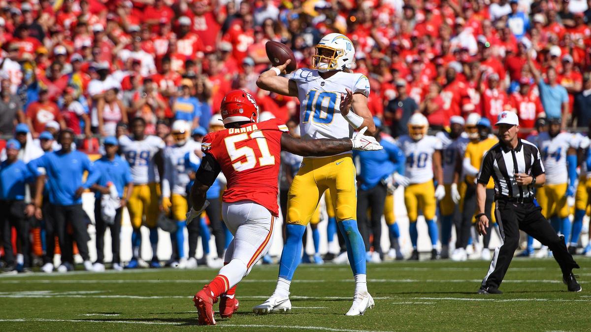 Kansas City Chiefs defensive end Michael Danna pressures Los Angeles Chargers quarterback Justin Herbert in the fourth quarter of the Kansas City Chiefs game against the Los Angeles Chargers at GEHA Field at Arrowhead Stadium Sunday, Sept. 26, 2021. The Chargers defeated the Chiefs 30-24.
