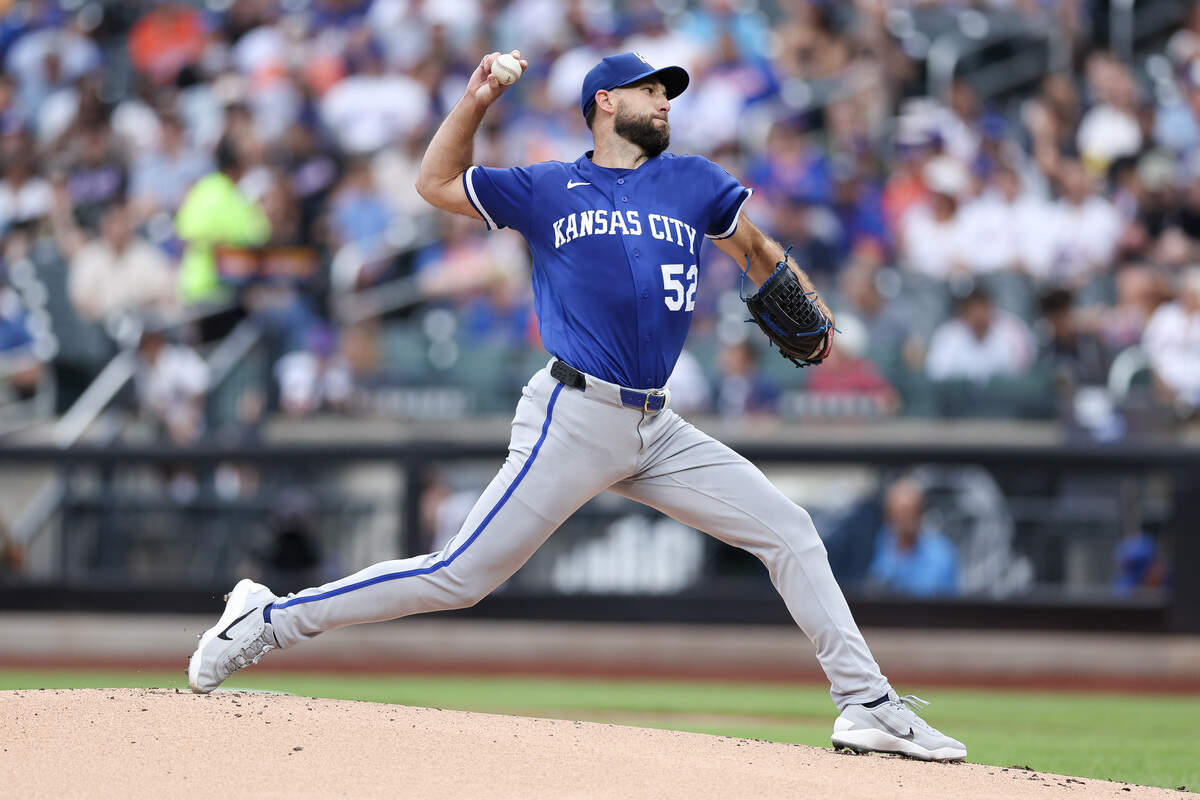 Kansas City Royals starting pitcher Michael Wacha delivers in the first inning of an MLB game against the Mets at Citi Field in New York City on Thursday, July 9, 2026.
