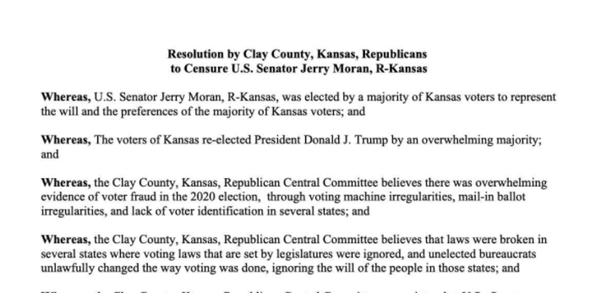 The Clay County, Kan., Republican Party censured Sen. Jerry Moran for voting to certify results of the presidential election.