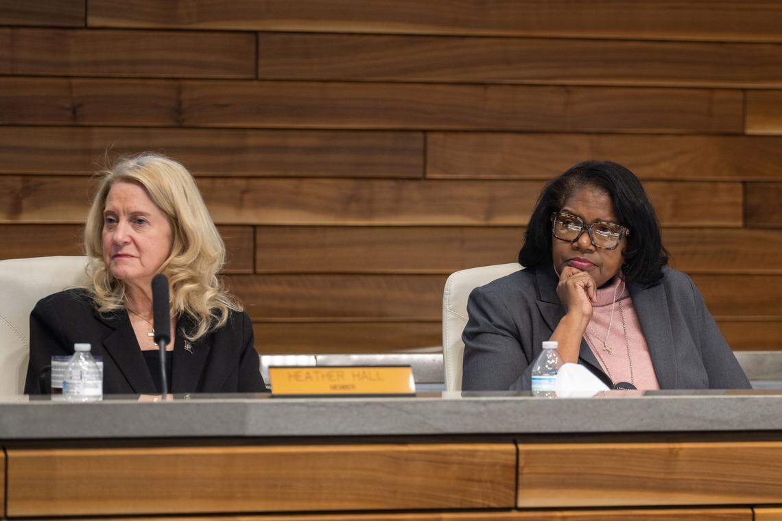 Board members Heather Hall and Madeline Romios listen to a member of KCPD during the Kansas City Board of Police Commissioners January meeting on Tuesday, January 27, 2026, at KCPD Headquarters.