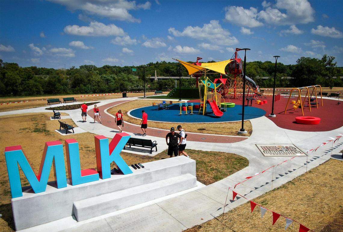 Kansas City Parks and Recreation is opening the 15 and the Mahomies Playground at Martin Luther King, Jr. Park on Saturday, Aug. 28, 2021, at Dr. Martin Luther King, Jr. Blvd. & Woodland Ave., in Kansas City. Chiefs quarterback’s Patrick Mahomes foundation, 15 and the Mahomies Foundation donated $1 million to help transform the park making it accessible for children of all abilities.