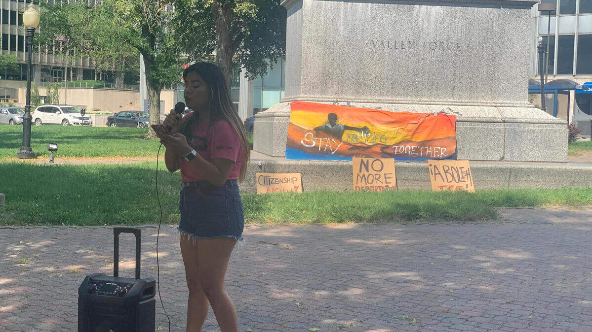 Yazmin Bruno, with Kansas/Missouri Dream Alliance, speaks during a Citizenship For All rally in Washington Square Park in Kansas City on Saturday, July 24, 2021.