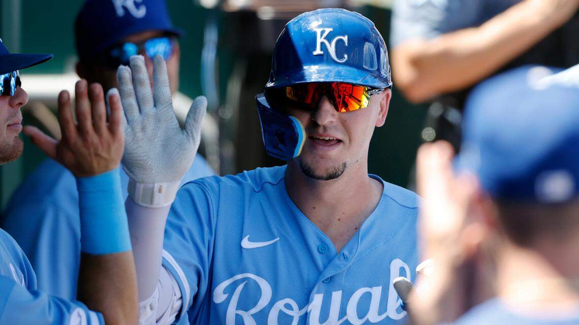 Kansas City Royals’ Vinnie Pasquantino celebrates in the dugout after hitting a home run during the second inning of a baseball game against the Chicago White Sox in Kansas City, Mo., Thursday, Aug. 11, 2022. (AP Photo/Colin E. Braley)