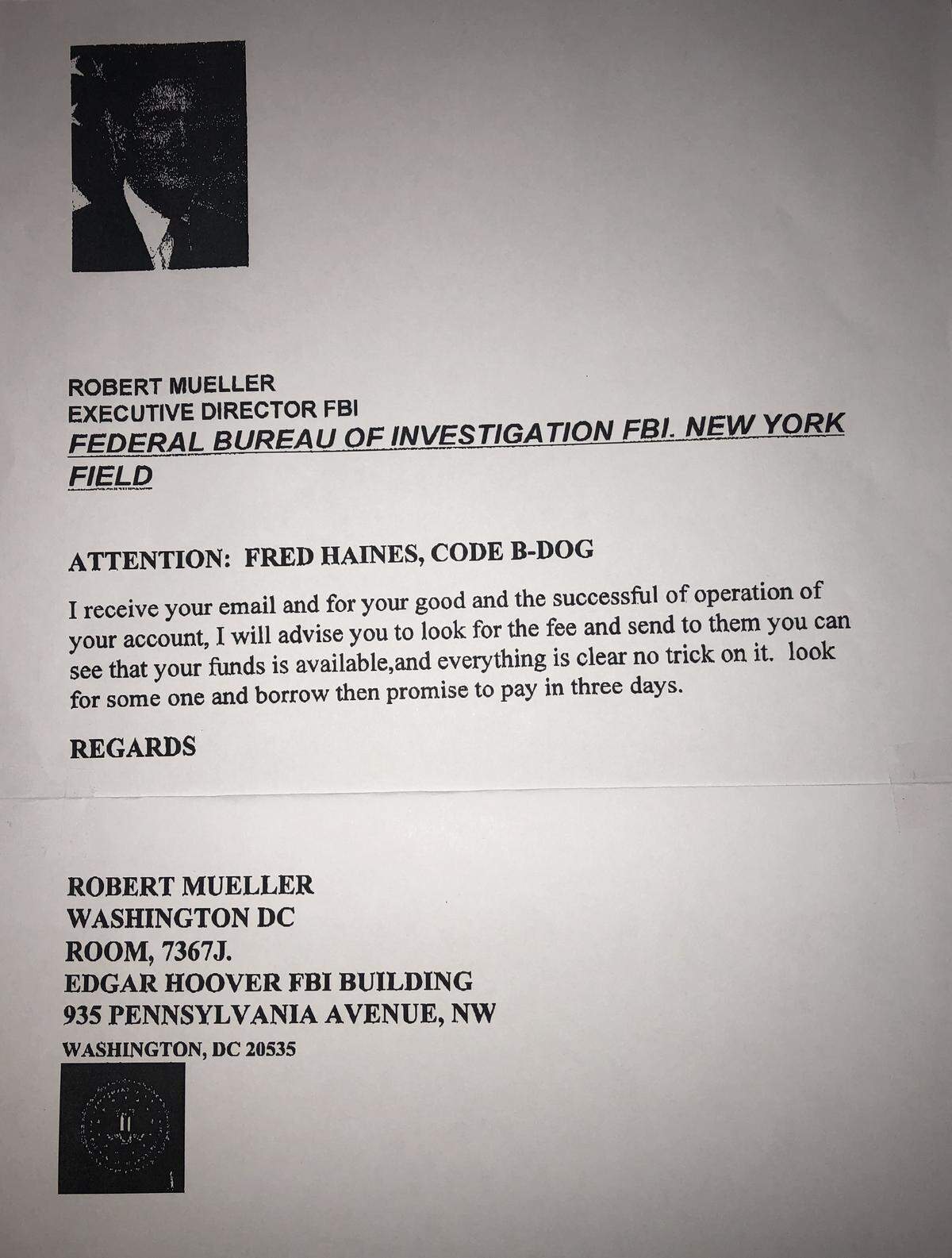 A copy of the email that Fred Haines received, purportedly from then-FBI director Robert Mueller.