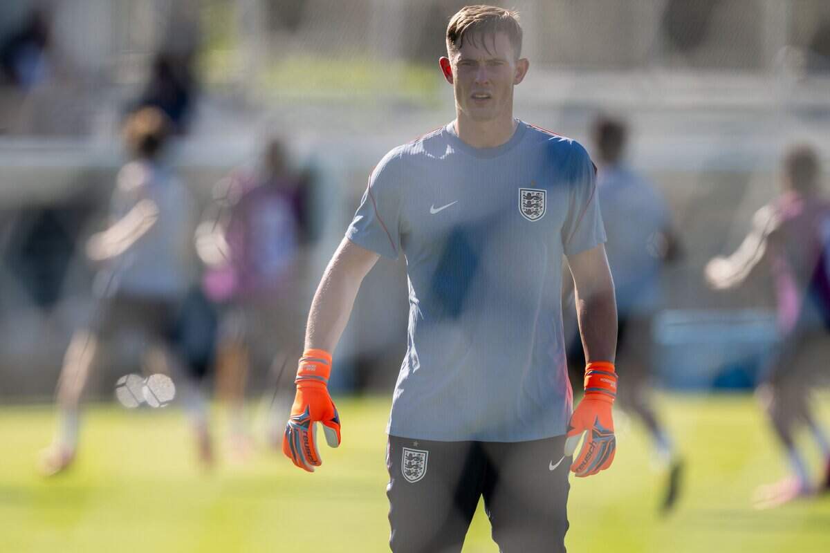 England's Dean Henderson during practice on Victory Field at Swope Soccer Village, Saturday, June 13, 2026, in Kansas City. The team will call Prairie Village home during the World Cup.