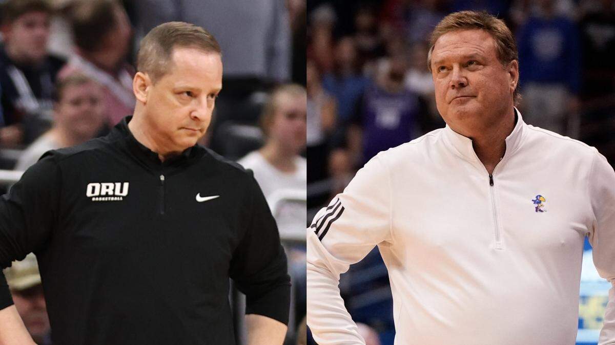 An end-of-year showdown in KC looms for coach Paul Mills (left) and the Wichita State Shockers and Bill Self’s KU basketball squad. The game will be played Dec. 30 at T-Mobile Center.