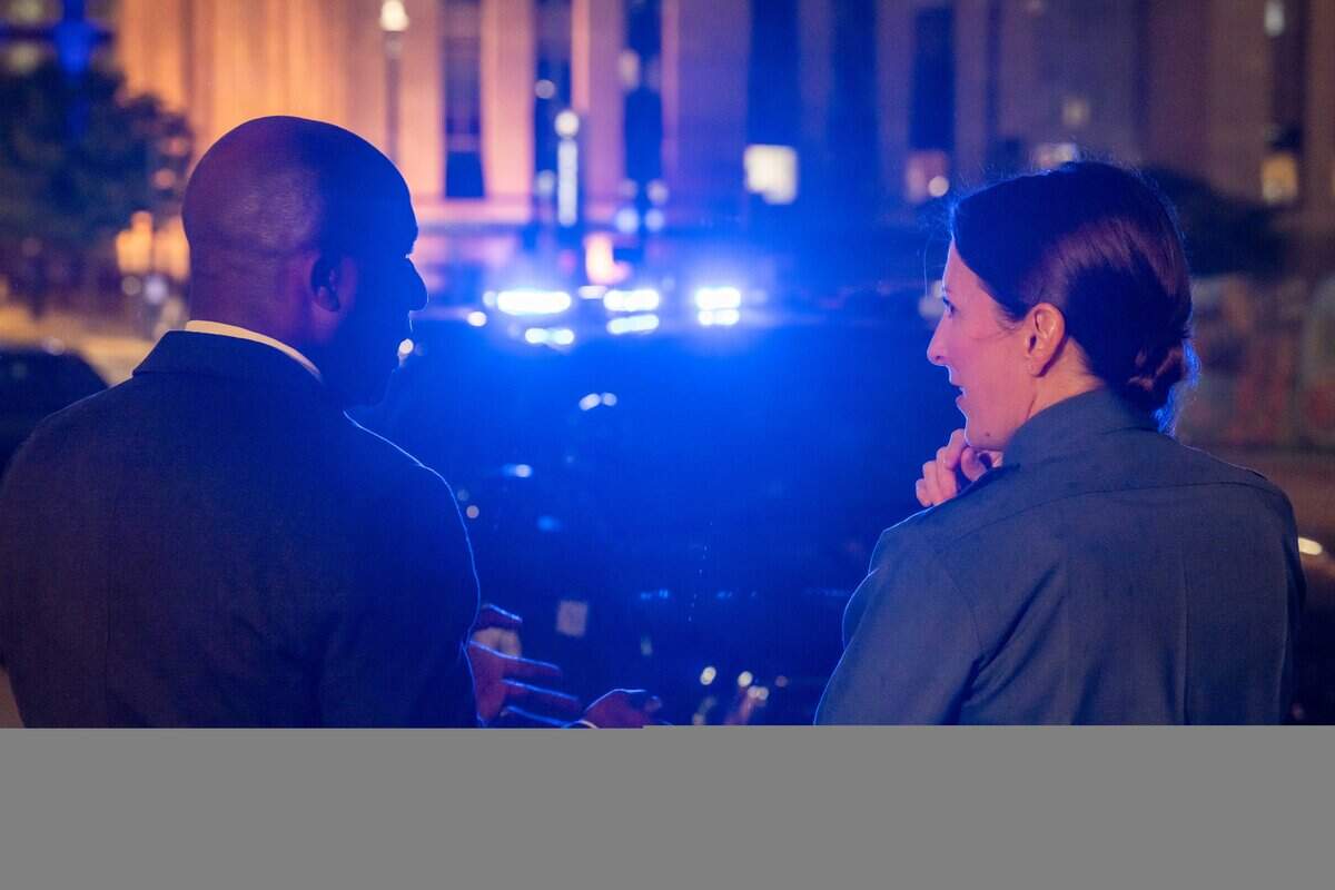KCPD Chief of Police Stacey Graves and Mayor Quinton Lucas unveiled new steady, always on, blue lights on top of police cruisers, on Tuesday, Sep. 23, 2025, in Kansas City. Starting Tuesday, officers will patrol while using these blue lights in an attempt to “increase visibility in communities around the city,” according to Lucas and KCPD.