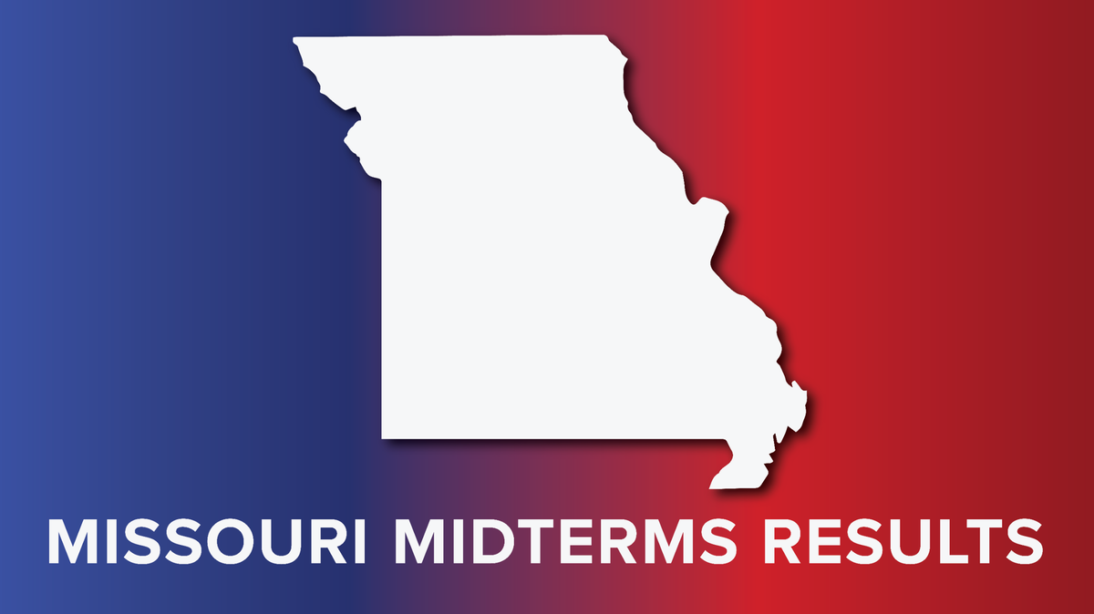 A white outline of the state of Missouri on a red and blue gradient background. 