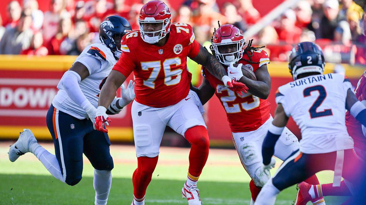 Kansas City Chiefs tackle Kingsley Suamataia (No. 76) blocks during a Sunday, Nov. 10, 2024 game against the Denver Broncos at GEHA Field at Arrowhead Stadium.