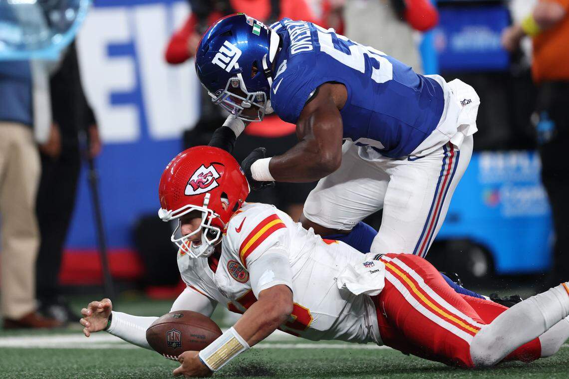 Kansas City Chiefs quarterback Patrick Mahomes recovers a fumble against New York Giants during an NFL Week 3 game at MetLife Stadium in East Rutherford, New Jersey, on Sunday, Sept. 21, 2025.