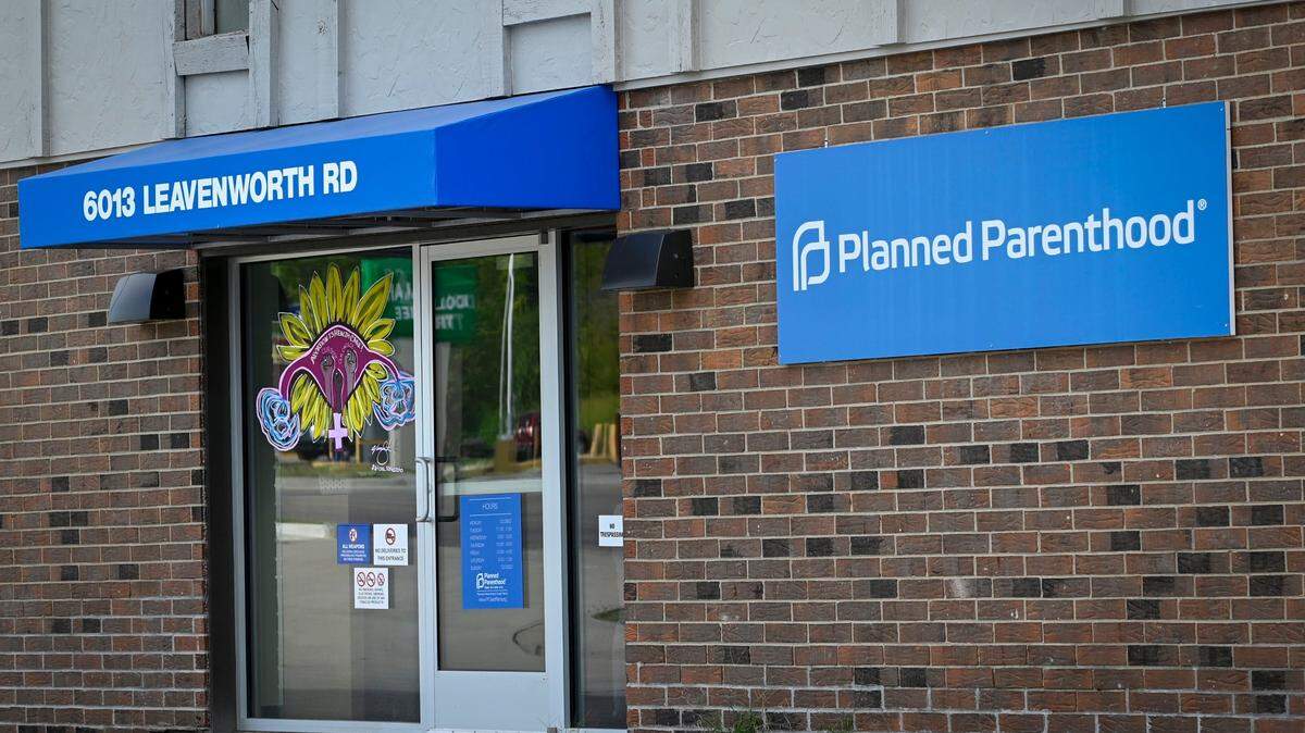 An Abortion is Health Care mural graces the front window at the new Planned Parenthood-Wyandotte Clinic in Kansas City, Kansas. The facility provides medical abortions, but not surgical abortions.