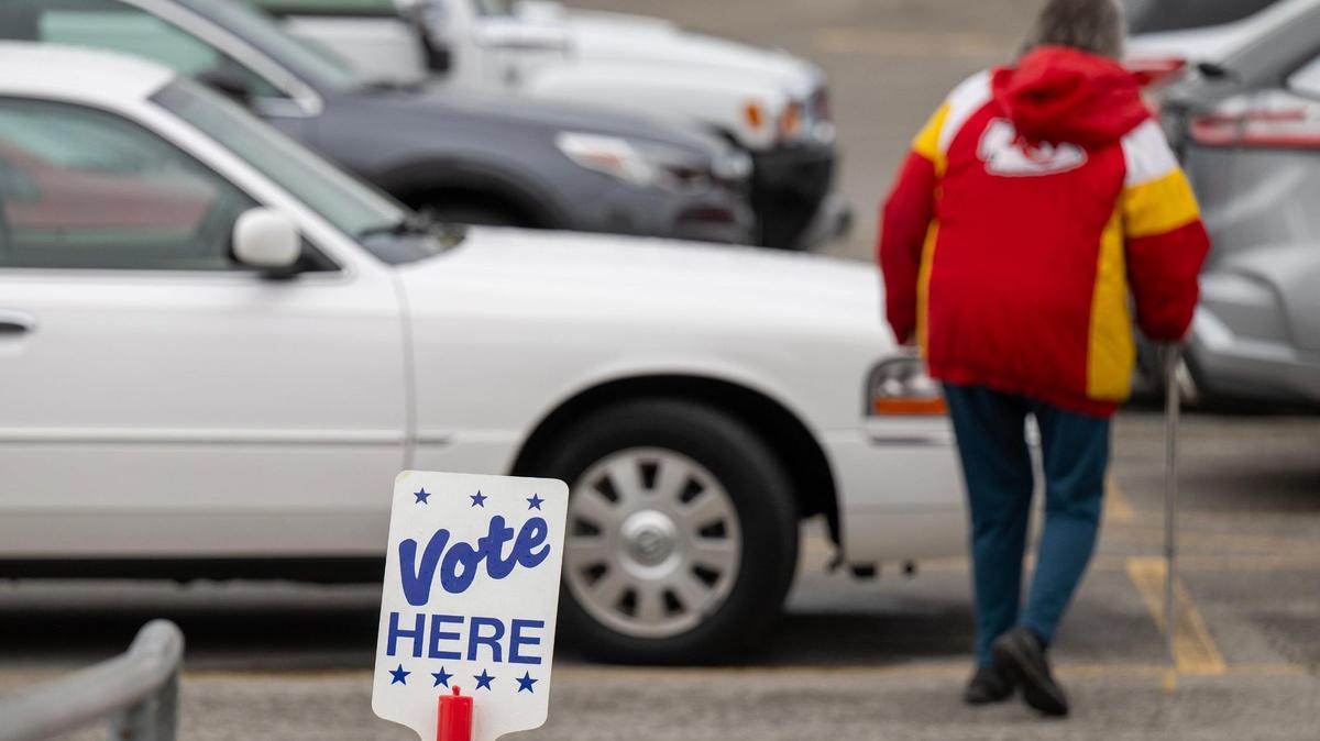 Voters cast ballots at Raytown Central Middle School on Tuesday, April 2, 2024. Jackson County voters went to the polls to decide on many races but most notably Question 1, which would authorize tax funding to help pay for a new Royals stadium in the Crossroads and renovations to Arrowhead Stadium.