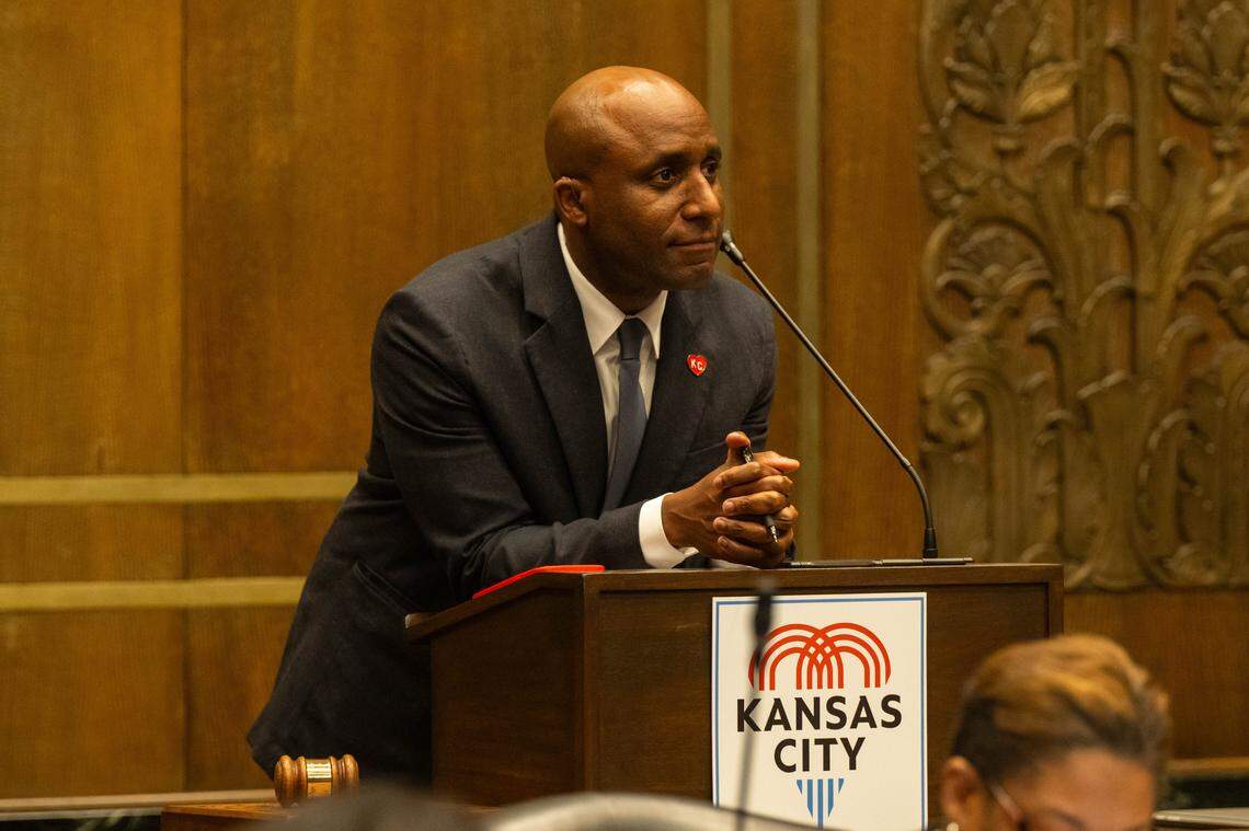 Mayor Quinton Lucas listens to city council members during a City Council meeting where they held a vote on the potential relocation of the Kansas City Royals baseball stadium to the downtown area, on Thursday, April 16, 2026.