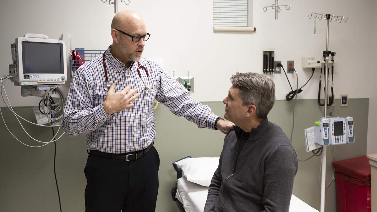 Docs Who Care provider Chris Best examines Finley Nowles at Harrison County Community Hospital in Bethany. Mo.