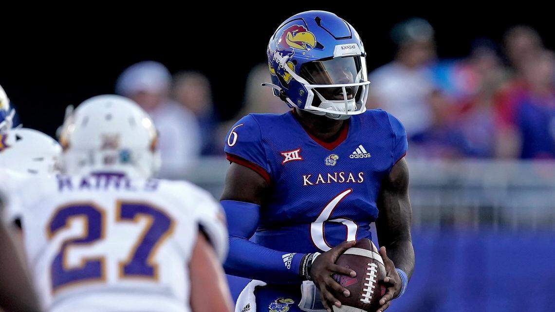 Kansas quarterback Jalon Daniels looks to throw the ball during the first half against Tennessee Tech on Friday, Sept. 2, 2022, in Lawrence.
