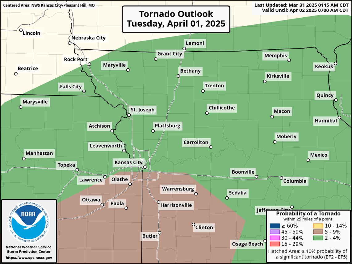 Severe weather is expected overnight Tuesday in the Kansas City. The threat of a tornado is low, but can’t be ruled out, the National Weather Service said.