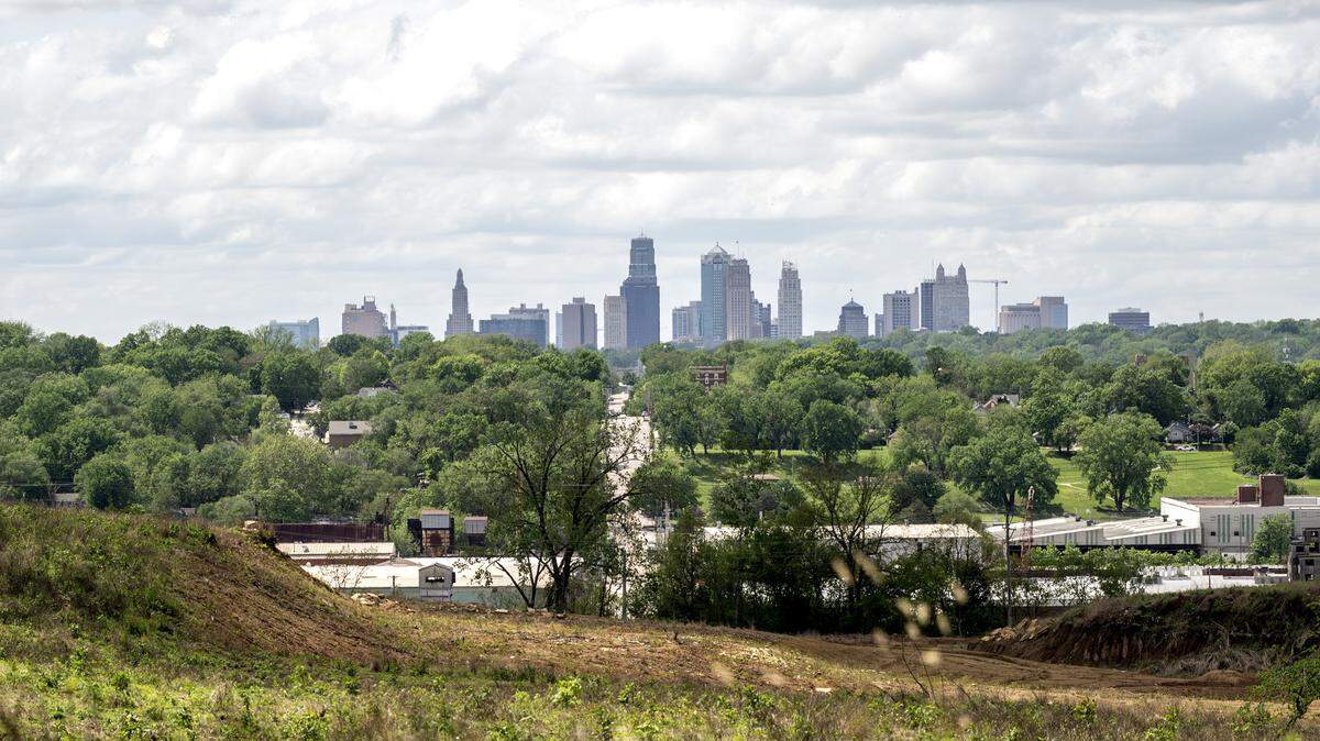 Clouds hovering over the Kansas City skyline is seen on Tuesday, April 28, 2026.