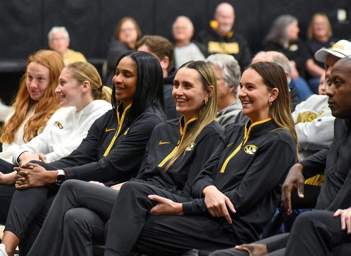 Additions to head coach Kellie Harper’s first Missouri Tigers women’s basketball staff include, from left to right, Jennifer Sullivan, Kenzie Kostas and Liza Fruendt. The three women were introduced during Harper’s welcome-to-CoMo event on Monday, March 31, 2025, inside the Mizzou Arena practice gym. Fruendt and Kostas are former players whom Harper coached at Missouri State. Sullivan was an assistant alongside Harper at Missouri State and Tennessee and was most recently the head coach at Florida Atlantic.