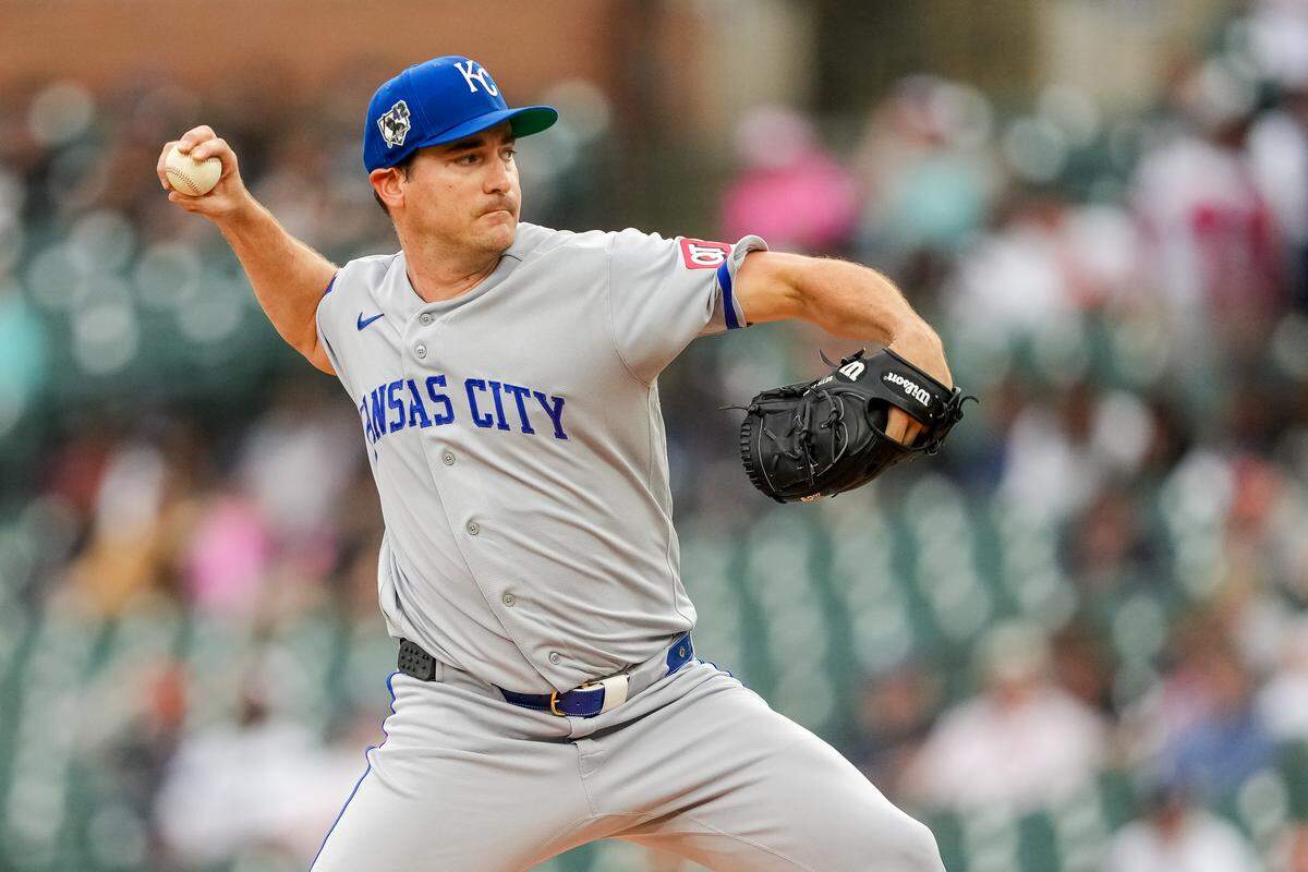 Seth Lugo #67 of the Kansas City Royals delivers a pitch against the Detroit Tigers during the bottom of the first inning at Comerica Park on April 15, 2026 in Detroit, Michigan. All players are wearing the number 42 in honor of Jackie Robinson Day.