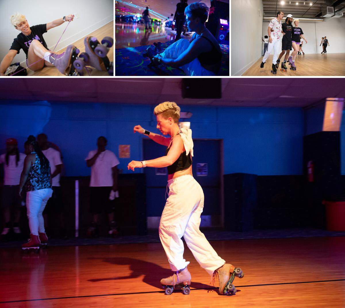 TOP LEFT; Haley Struxness has been lacing up her skates and working on her partner skating skills (TOP RIGHT) at SK8 SHOT like she did with instructor Jordan Sherrod and fellow student Drake Eidson. TOP CENTER; Struxness laced up rink side at Winnwood for an adult night session. She rolled into the rink (BOTTOM) in a manner much like merging on the highway, syncing to the rhythm of the floor and skating away on another adult night in Kansas City.