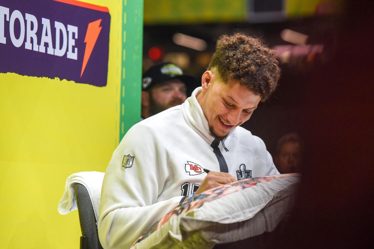 Kansas City Chiefs quarterback Patrick Mahomes talks to members of the media Monday, Feb. 3, 2025, at the Super Bowl LIX Opening Night event in New Orleans.