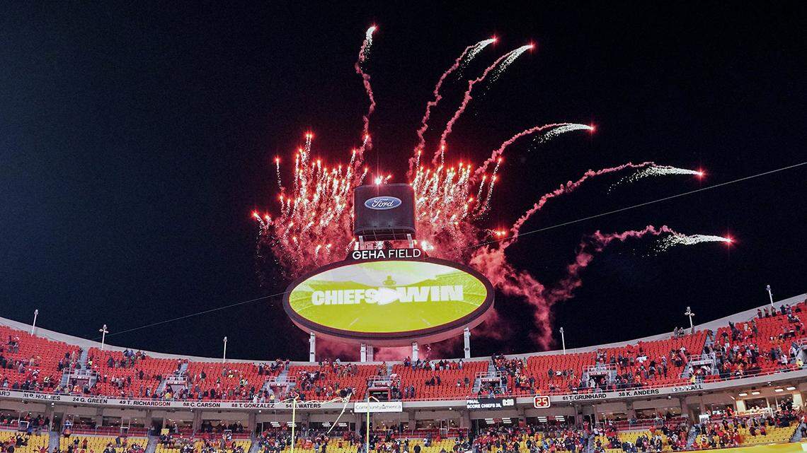 Jan 13, 2024; Kansas City, Missouri, USA; A general view of the field as fireworks are displayed after a 2024 AFC wild card game between the Kansas City Chiefs and Miami Dolphins at GEHA Field at Arrowhead Stadium. Mandatory Credit: Denny Medley-USA TODAY Sports