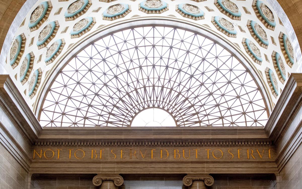 Above the entrance to the state Senate floor reads “Not to be served but serve” on Tuesday, March 7, 2023, at the state Capitol in Jefferson City, Mo.