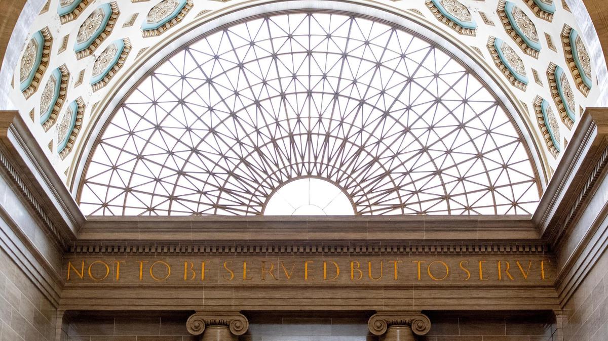 Above the entrance to the state Senate floor reads “Not to be served but serve” at the state Capitol in Jefferson City, Mo.