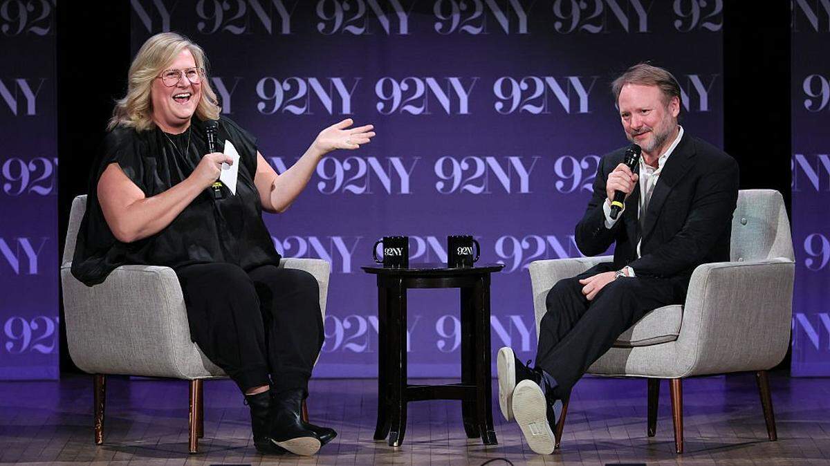 NEW YORK, NEW YORK - DECEMBER 09: (L-R) Bridget Everett and Rian Johnson speak onstage during Rian Johnson In Conversation - "Wake Up Dead Man" at 92NY on December 09, 2025 in New York City. (Photo by Dia Dipasupil/Getty Images)