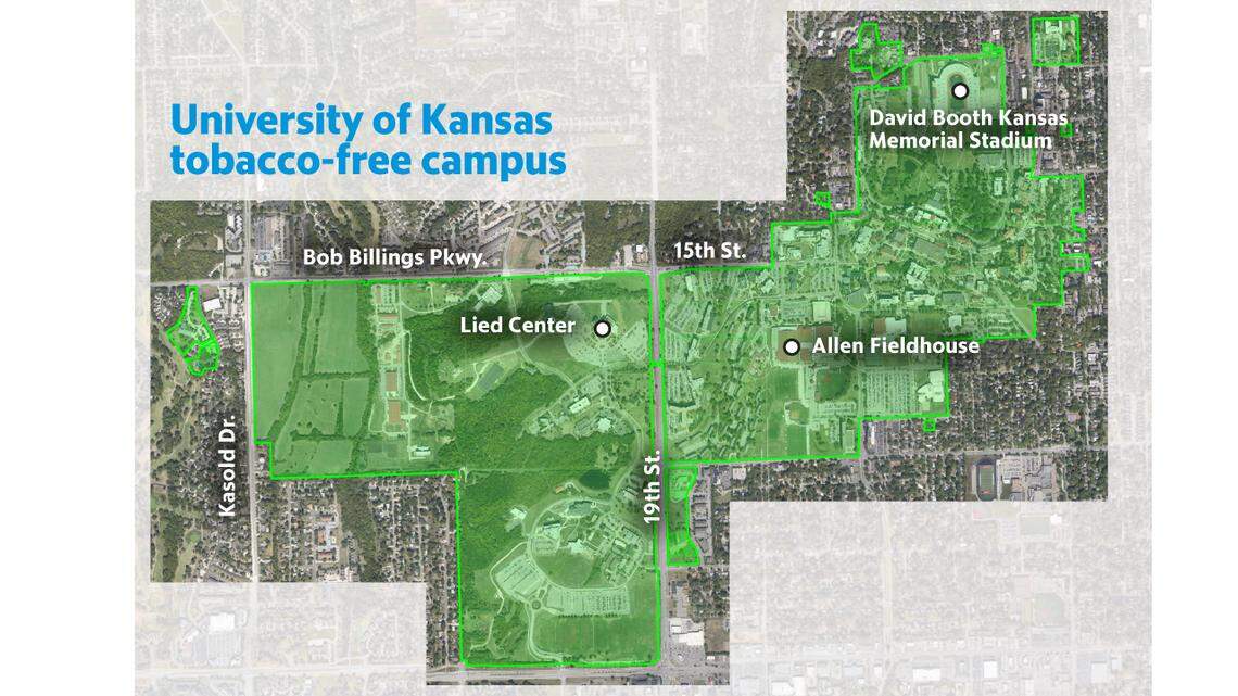 At the University of Kansas, smoking is no longer allowed inside the boundaries shown in green. Source: KU.