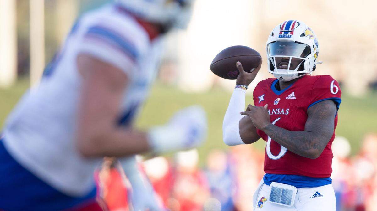 Kansas quarterback Jalon Daniels (6) looks for an open receiver during Friday’s Spring Showcase at Rock Chalk Park in Lawrence on April 12, 2024.