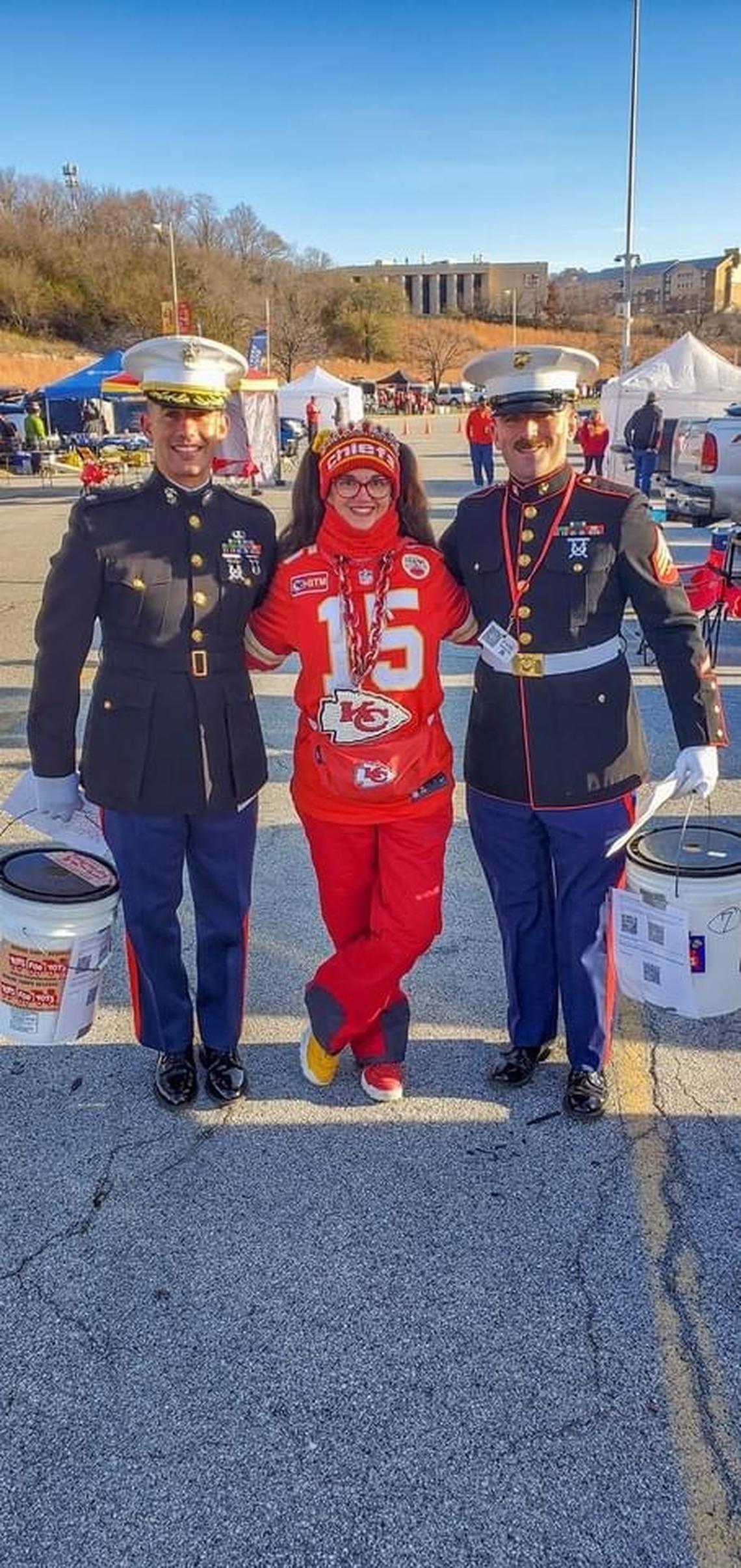 Annette Keeter, dressed in her full Chiefs outfit before a game during the 2022 season. The ponytails, red and yellow shoes and jersey are all apart of the superstition.