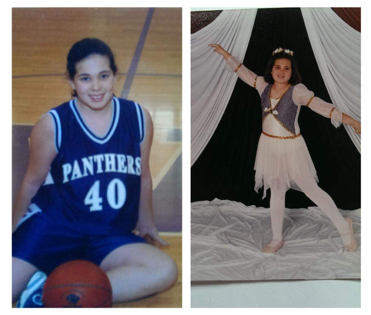 Ciara Howard as a teenager in her high school basketball uniform (left) in Williamsburg, Kan. Howard as a fourth-grader poses in ballet class (right).