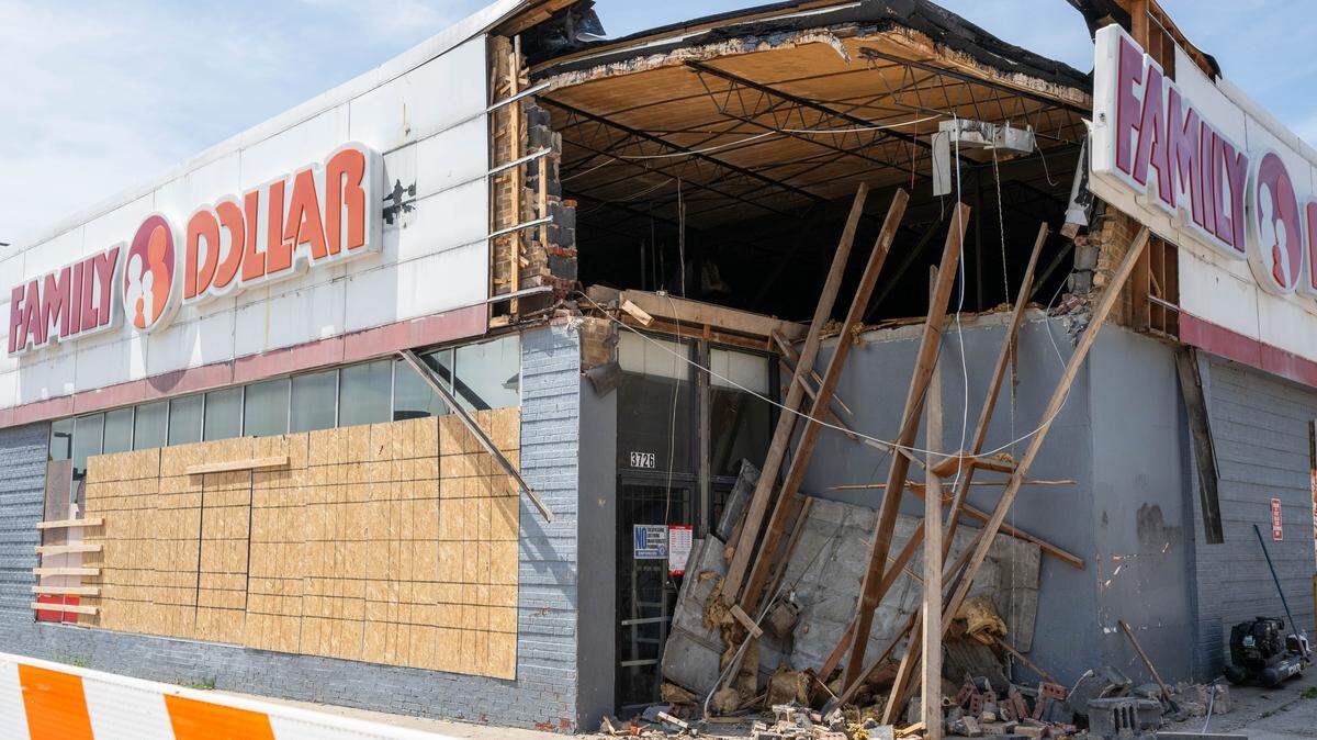The aftermath of a Family Dollar on the 3700 block of Broadway in Kansas City, Monday, July 28, 2025, after a portion of the building collapsed the previous day.