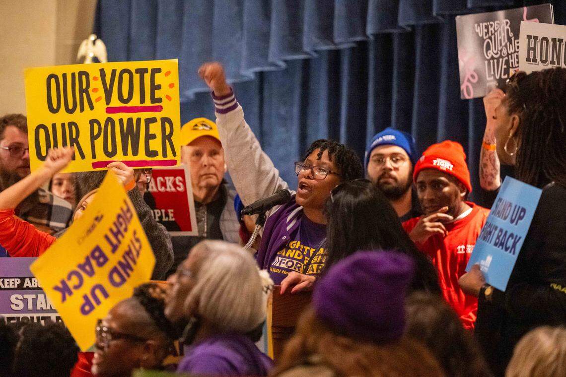 LaTonya Sullivan of Kansas City, speaks to protesters in the Missouri State Capitol rotunda on Wednesday, January 21, 2026 in Jefferson City. Organizations and allies gathered to protest recent Missouri lawmaker's decisions.