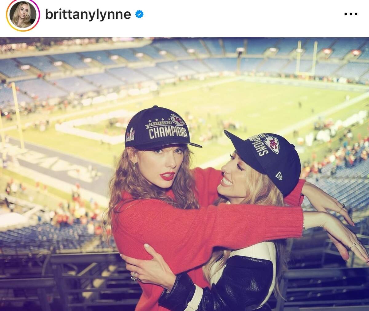 Patrick Mahomes’ wife, Brittany Mahomes, shared behind-the-scenes photos of celebrating the AFC Championship with Taylor Swift in Baltimore in January 2024.