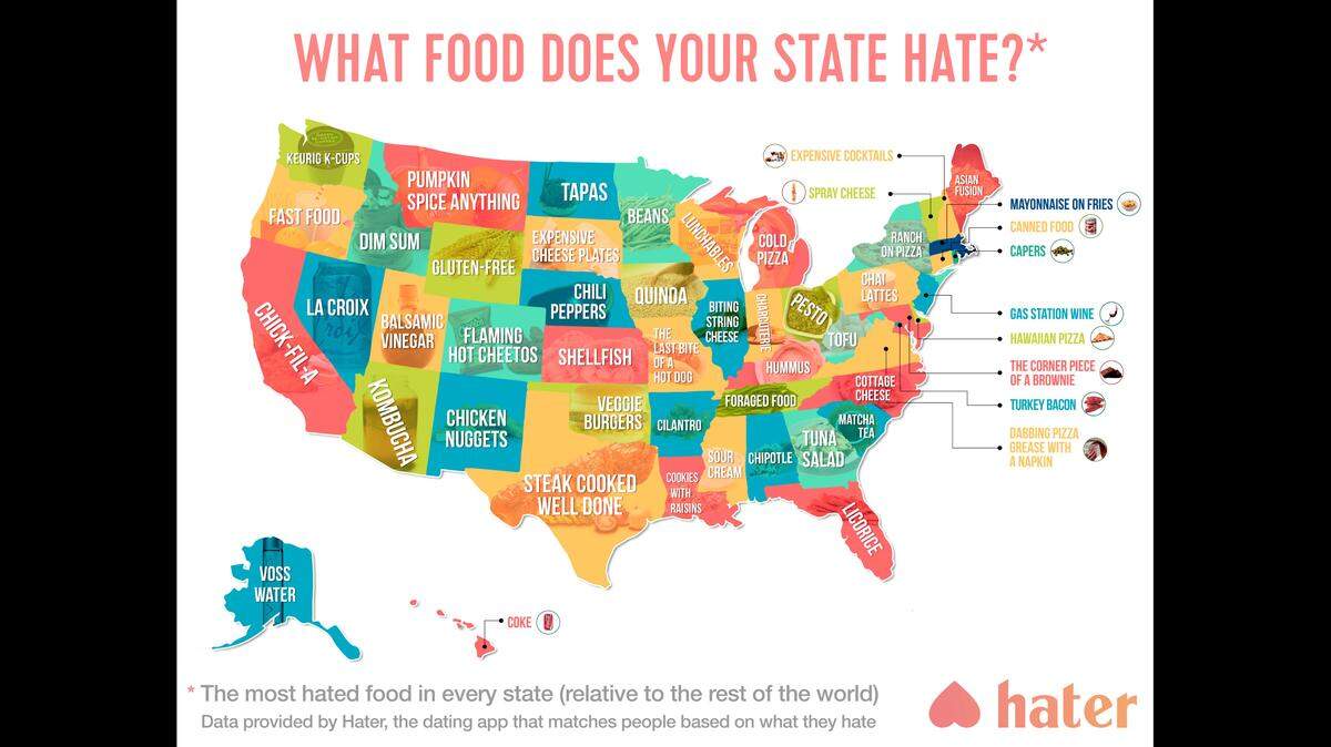 The dating app Hater has a new map of the most-hated foods in each state. Keurig K-cups in Washington state. Chick-Fil-A in California. And “the last bite of a hot dog” in Missouri.