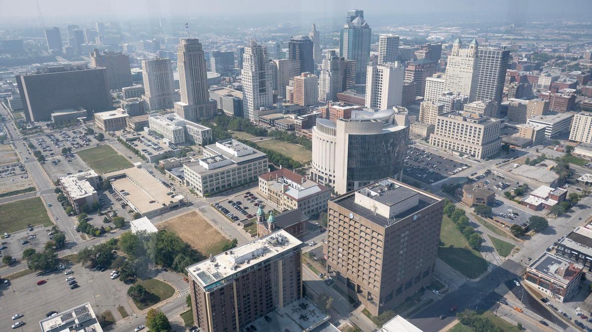Downtown Kansas City as seen from the Subway blimp on Wednesday, Sept. 6, 2023, in Kansas City.