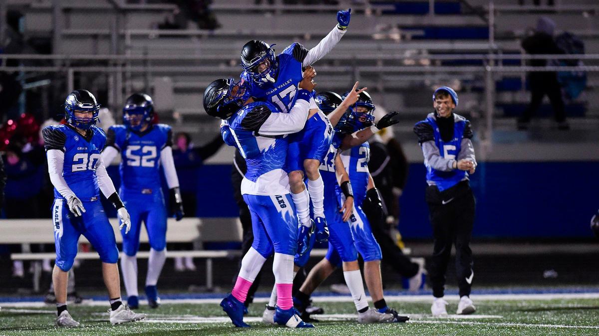 Grain Valley seniors Donovan McBride (57) and Carter Vrlenich celebrate their 22-0 victory over undefeated Belton at Grain Valley Friday, Oct. 23, 2020. With the win, Grain Valley makes it three-way tie for first with Belton and Raytown in Suburban Middle Six Conference.