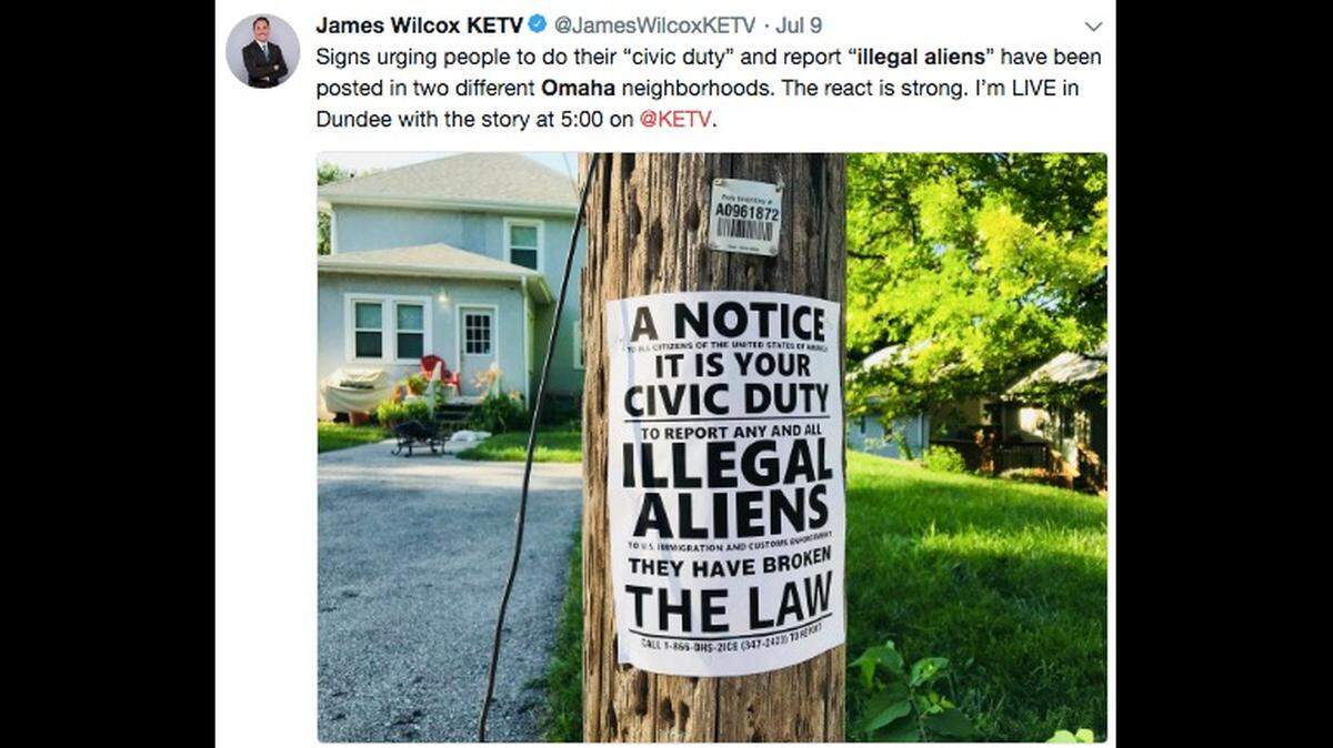 Posters have popped up around Omaha urging people to do their “civic duty” and report “illegal aliens” to immigration officials. Neighbors have torn them down and U.S. Immigration and Customs Enforcement officials say those aren’t their posters.