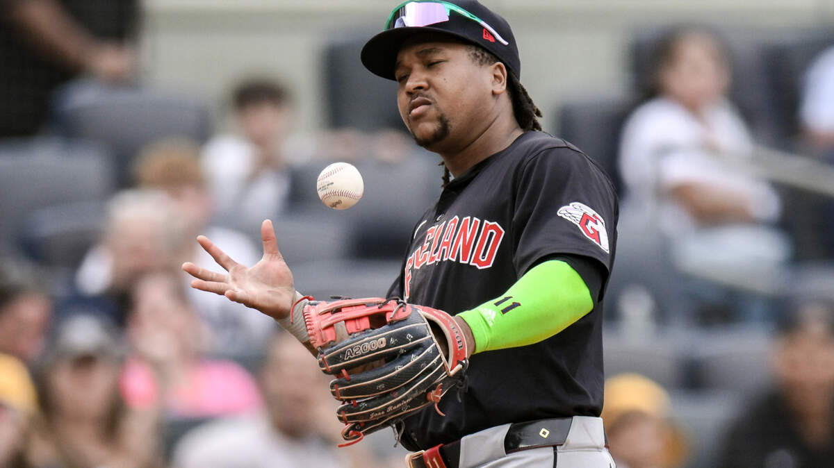 Cleveland Guardians third baseman Jose Ramirez (11) reacts during the eighth inning against the New York Yankees at Yankee Stadium.