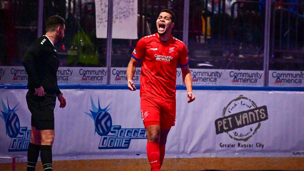 KC Comets forward Rian Marques celebrates a goal during the 2022-23 season.