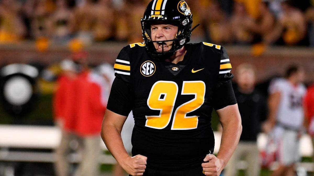 Missouri Tigers placekicker Harrison Mevis celebrates after making a 41-yard field goal against Georgia Saturday in Columbia.