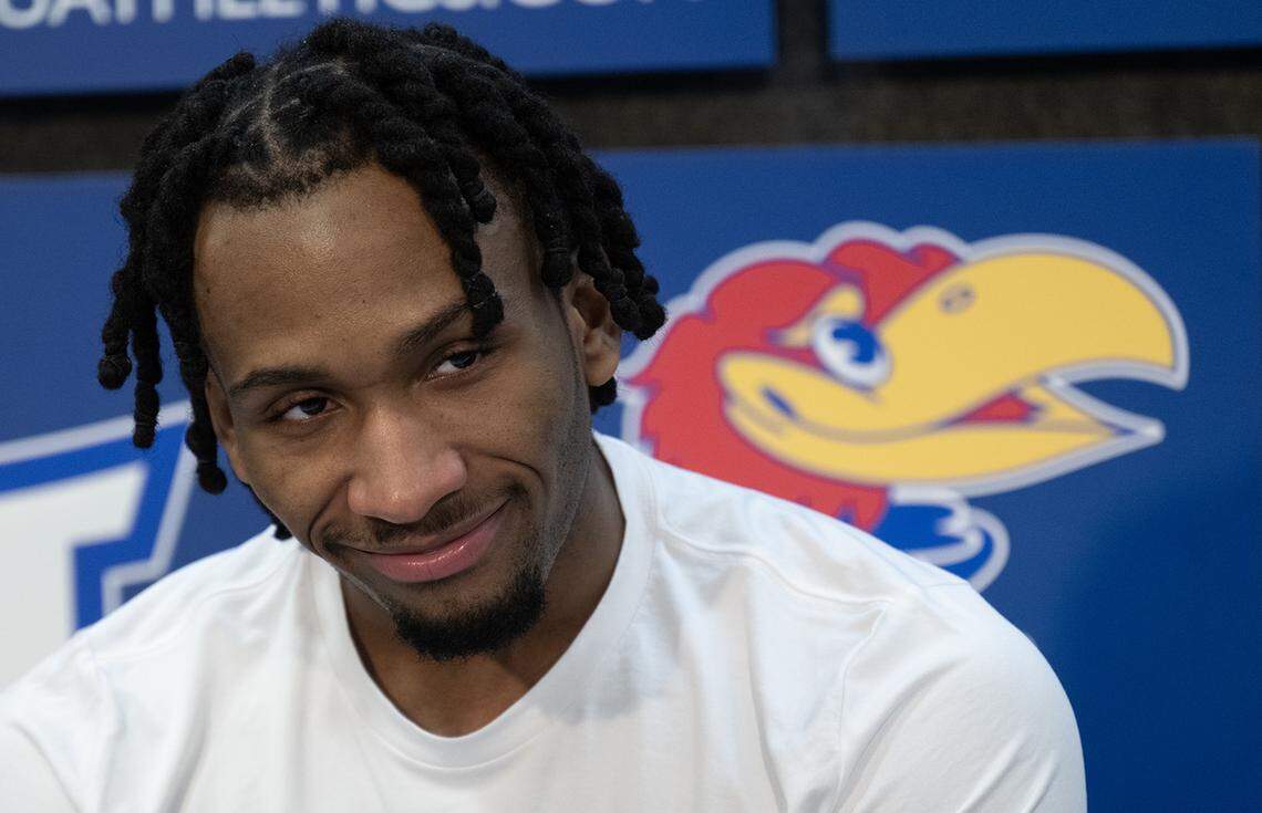 Kansas Jayhawks guard Darryn Peterson (22) smiles during the news conference after the Jayhawks defeated the Iowa State Cyclones 84-63 on Tuesday, Jan. 13, 2026, at Allen Fieldhouse in Lawrence.