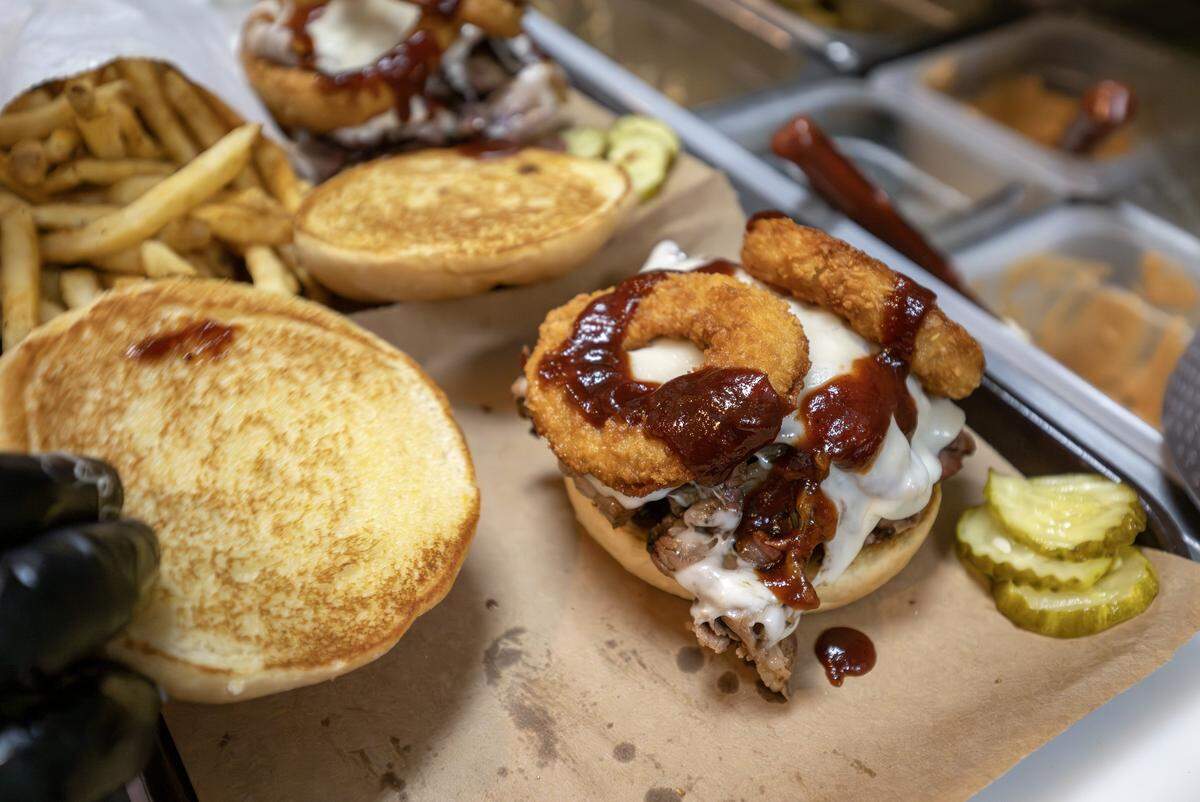 A Z-Man sandwich is prepared to fill an order at Joe's KC BBQ on Thursday, April 30, 2026, in Kansas City, Kansas.